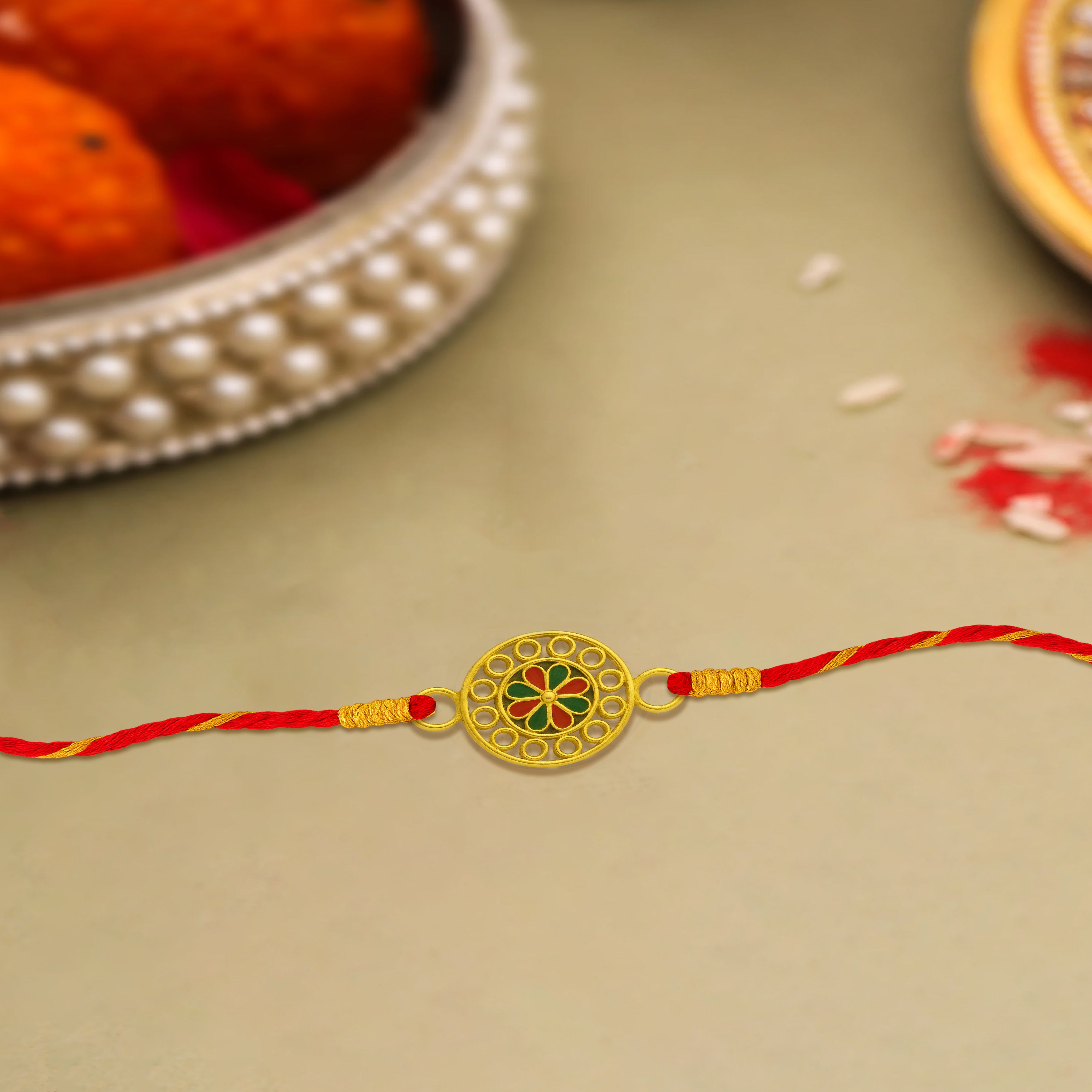 Silver rakhi for brother with floral Meena art – original silver rakhi design with price for Raksha Bandhan
