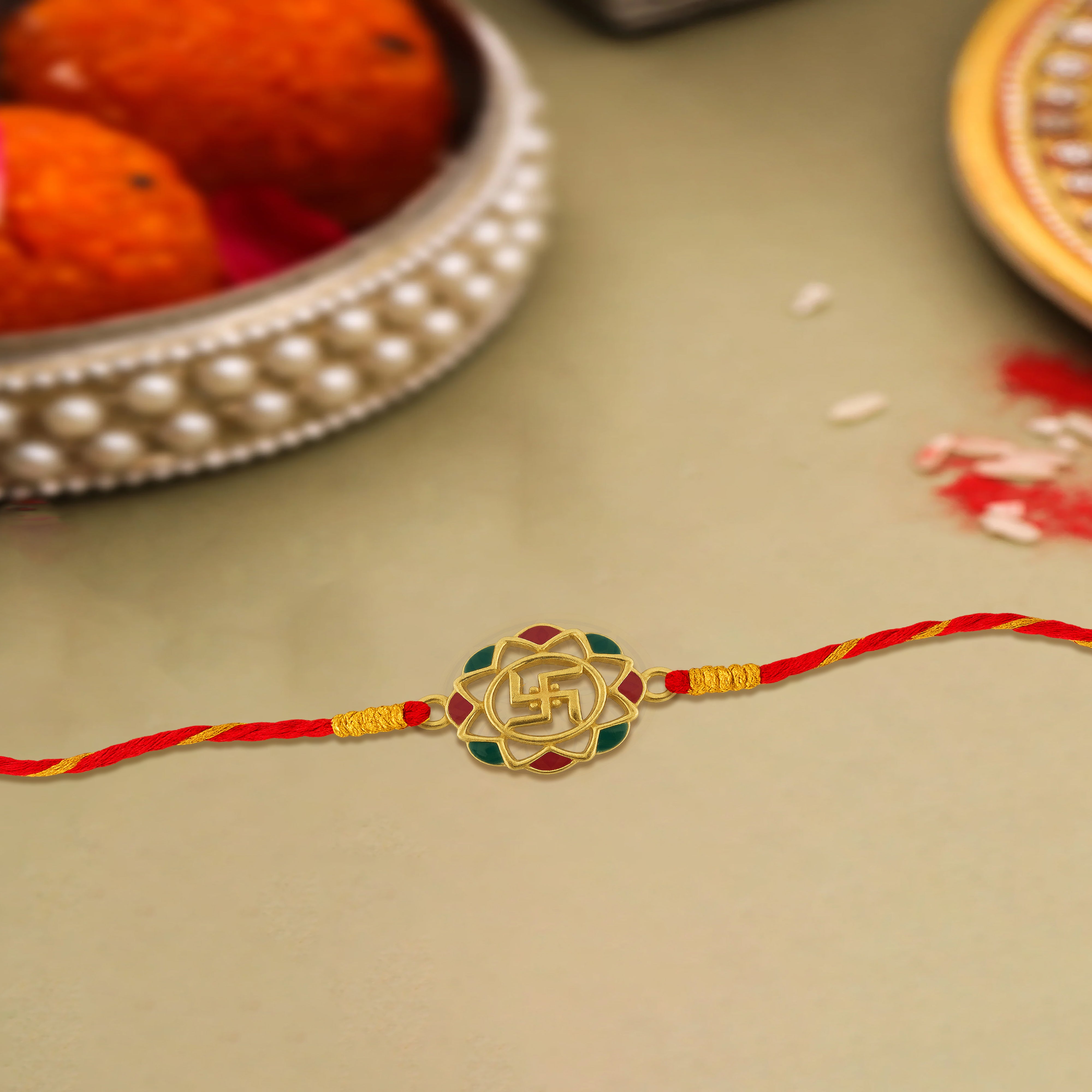 Silver rakhi for brother with Swastik Meena art – original silver rakhi design with price for Raksha Bandhan