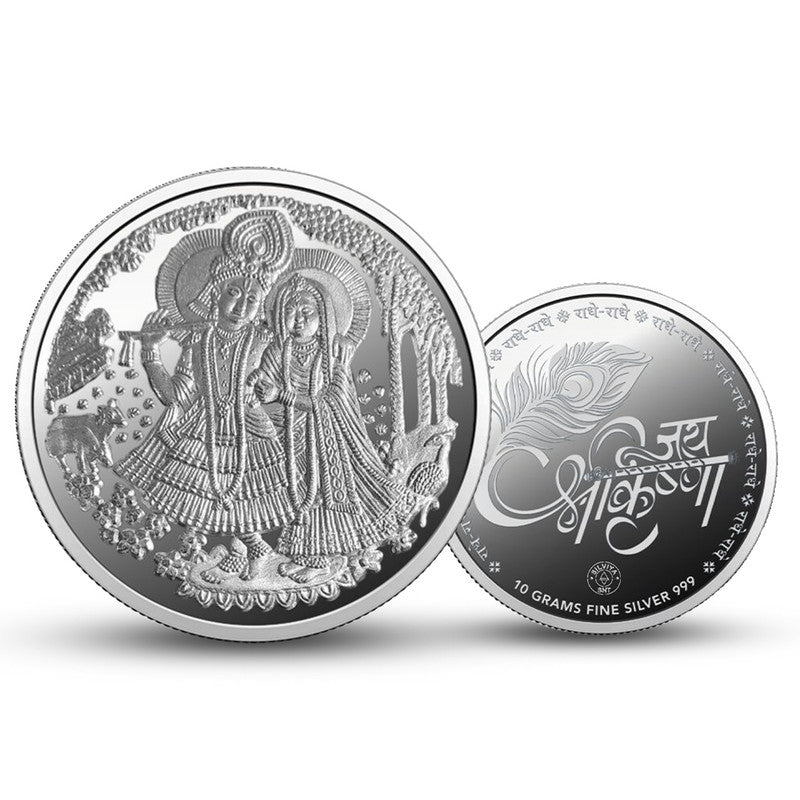 Engraved Radha Krishna 999 Pure Silver Coin Round Shape