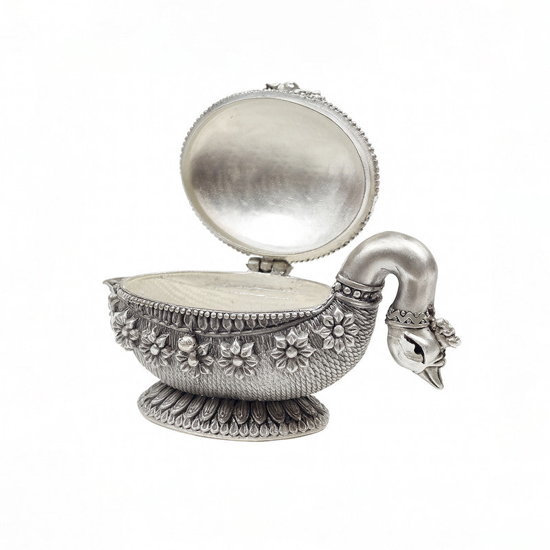 Silver Swan Shape Sindoor Box with Goddess Lakshmi engraving – premium sterling silver