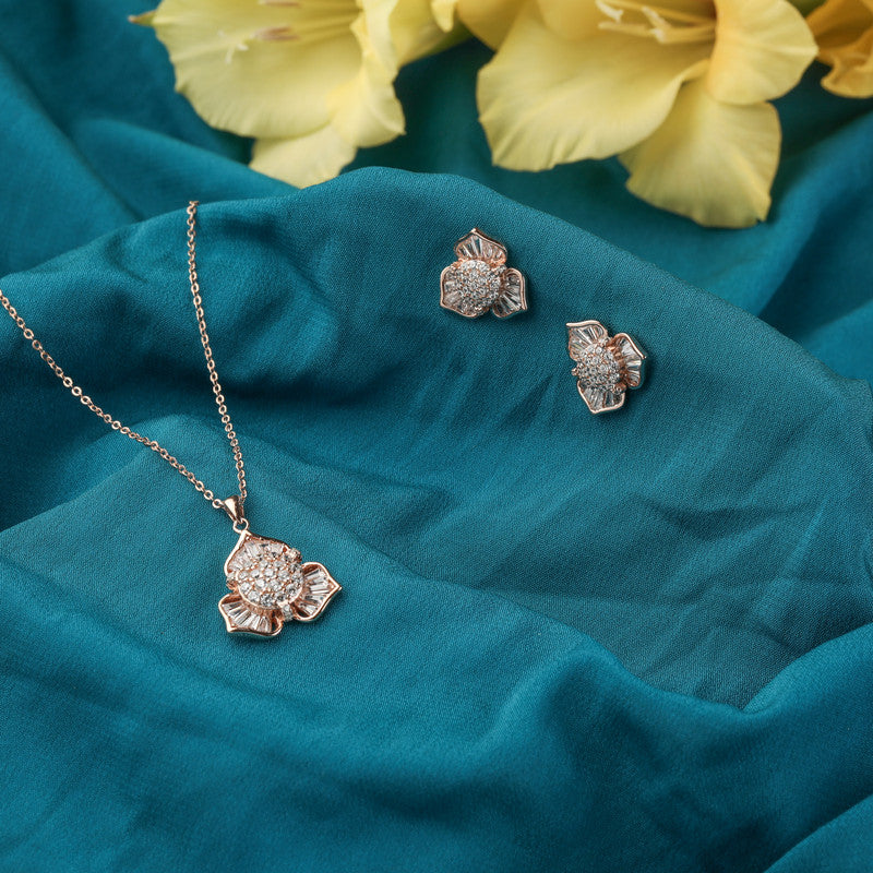 Radiant 925 silver floral floret pendant set, shining beautifully in rose gold colour for daily wear and wedding functions.