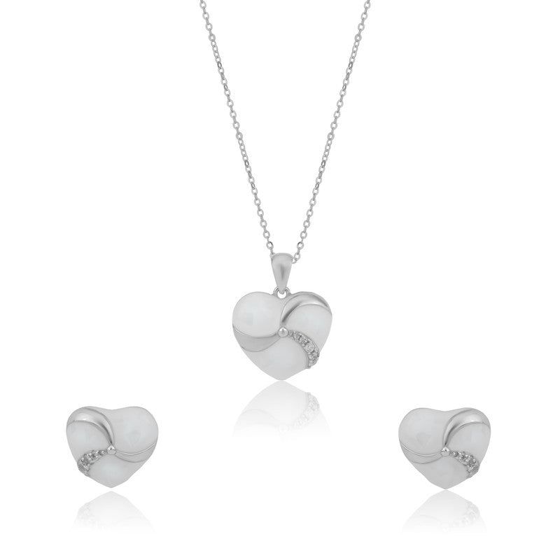 925 Silver White Heart Pendant Set