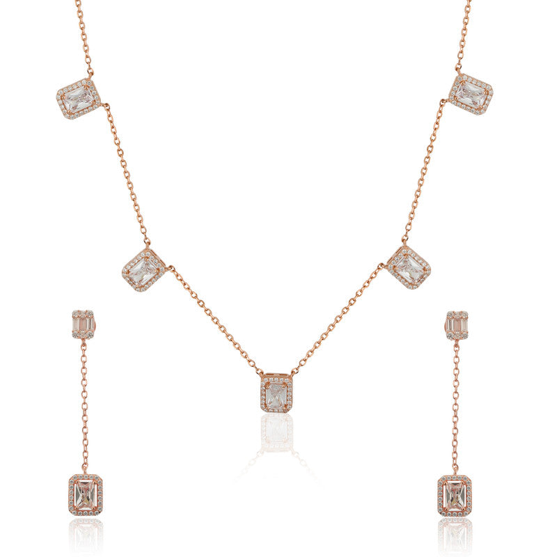 925 Silver Square Rose Gold Necklace Set