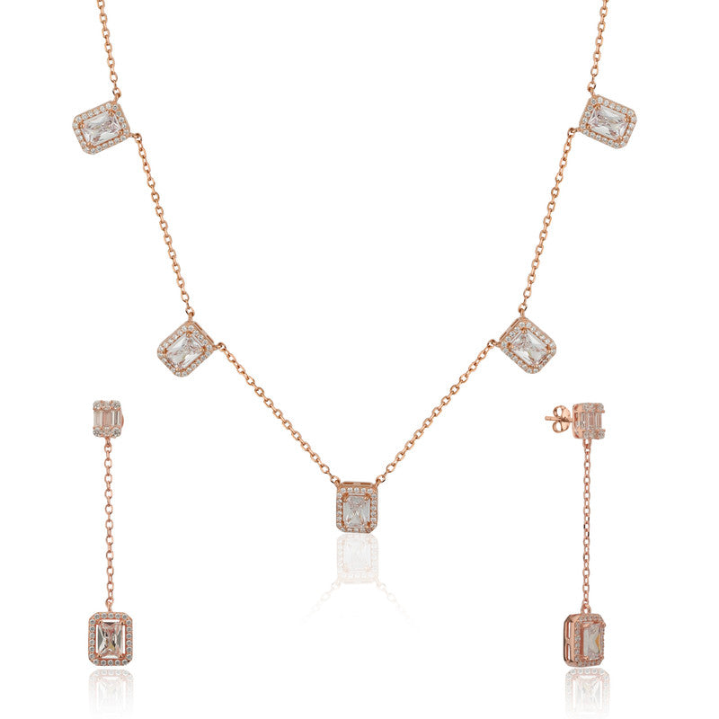 925 Silver Square Rose Gold Necklace Set