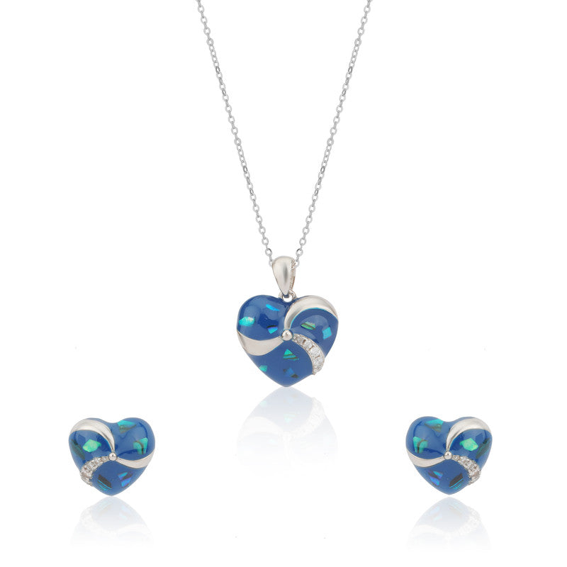 925 Silver Blue Heart Pendant & Earrings