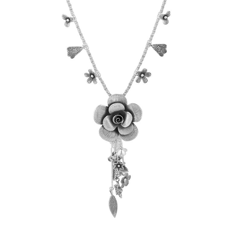 Oxidized Silver Rose & Bell Necklace