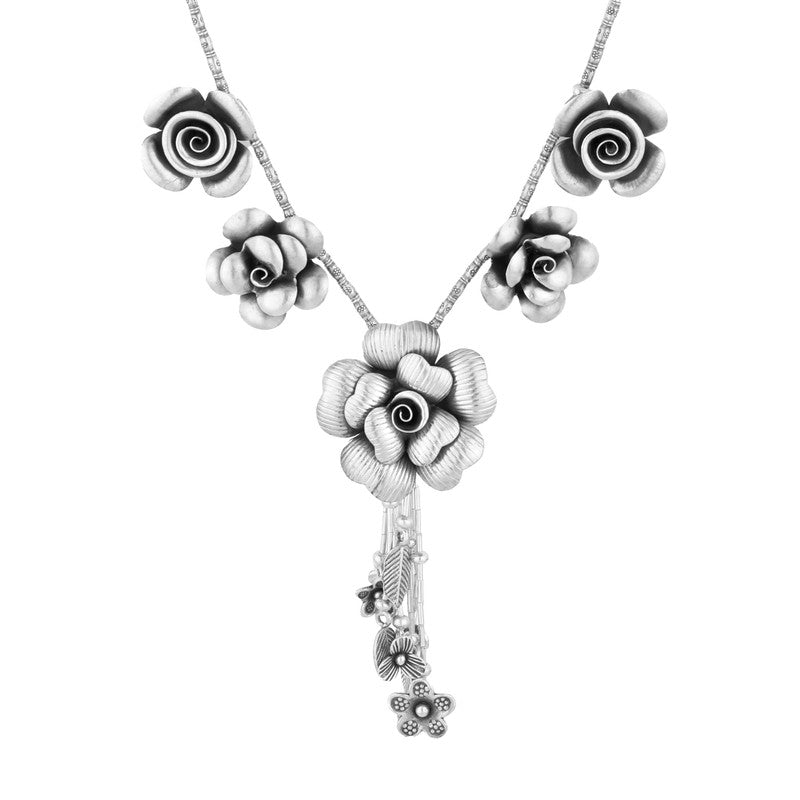 Antique Rose Tassel Silver Necklace