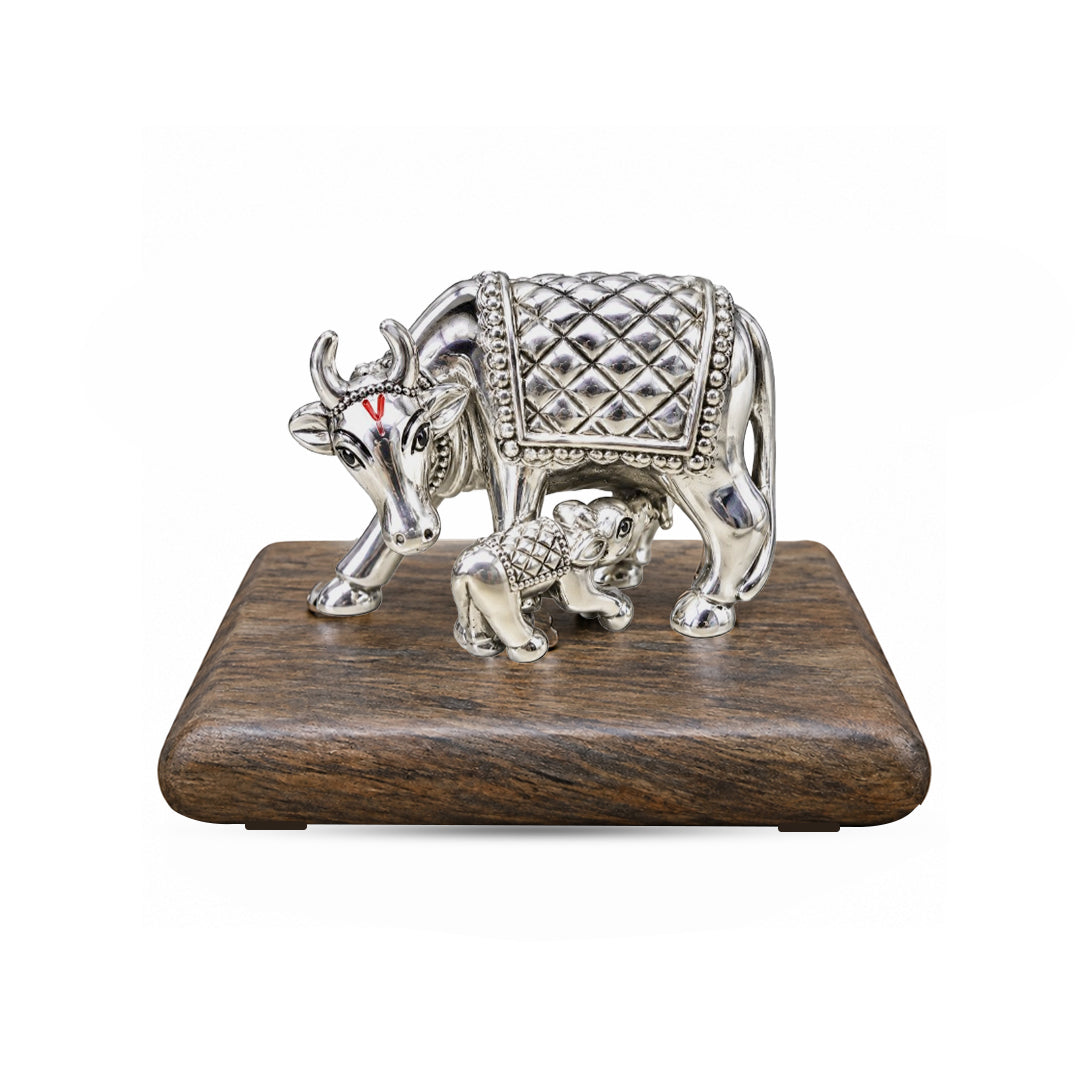 999 Pure Silver Cow and Calf 3D Idol Set With Wooden Platform