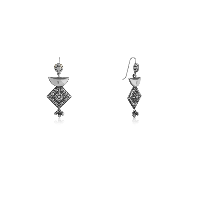 925 Silver Geometric Earrings - Moon & Square