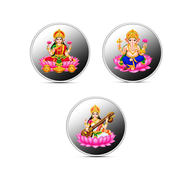 Lakshmi Ganesh Saraswati 999 Pure Silver Coin Gift Box Set (3 Coins x 1 Gm Each)