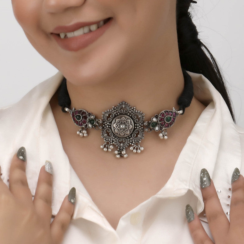 925 Oxidised Silver Flora Choker Necklace