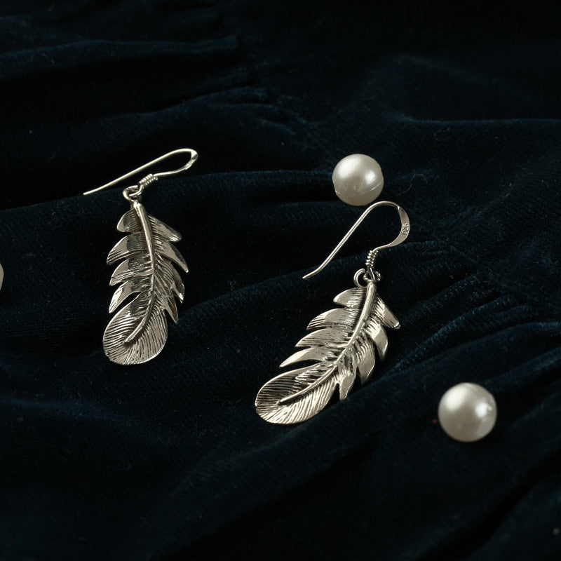 Oxidized Silver Feather Earrings