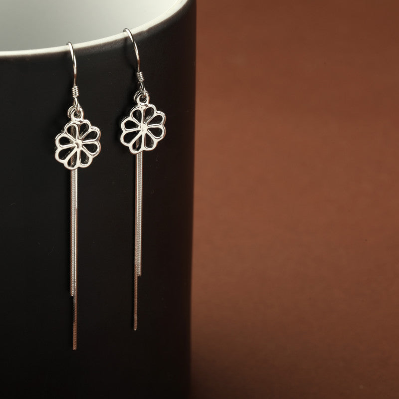 925 Silver Long Chain Floral Earrings