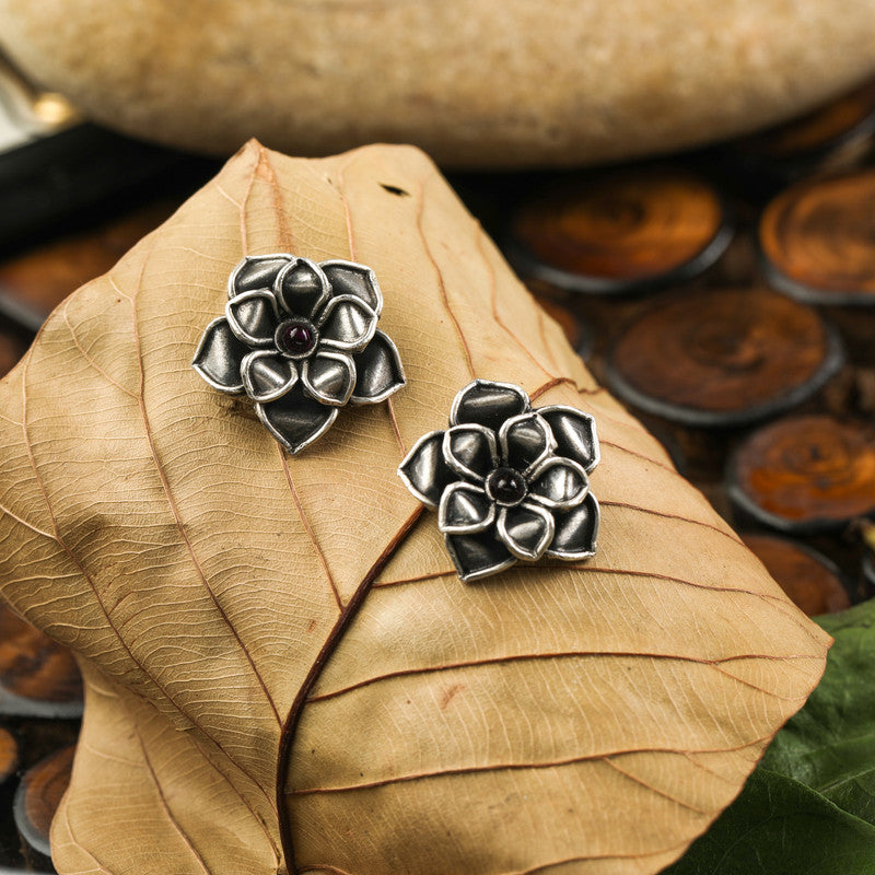 Oxidized Silver Lotus Leaf Studs