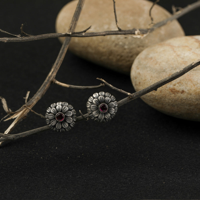 Oxidized Silver Floral Studs