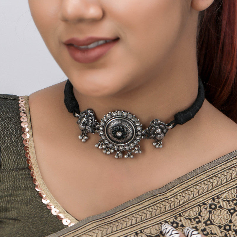 925 Oxidised Silver Peacock Choker Necklace