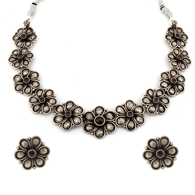 925 Oxidised Silver Classy Floral Structured Necklace