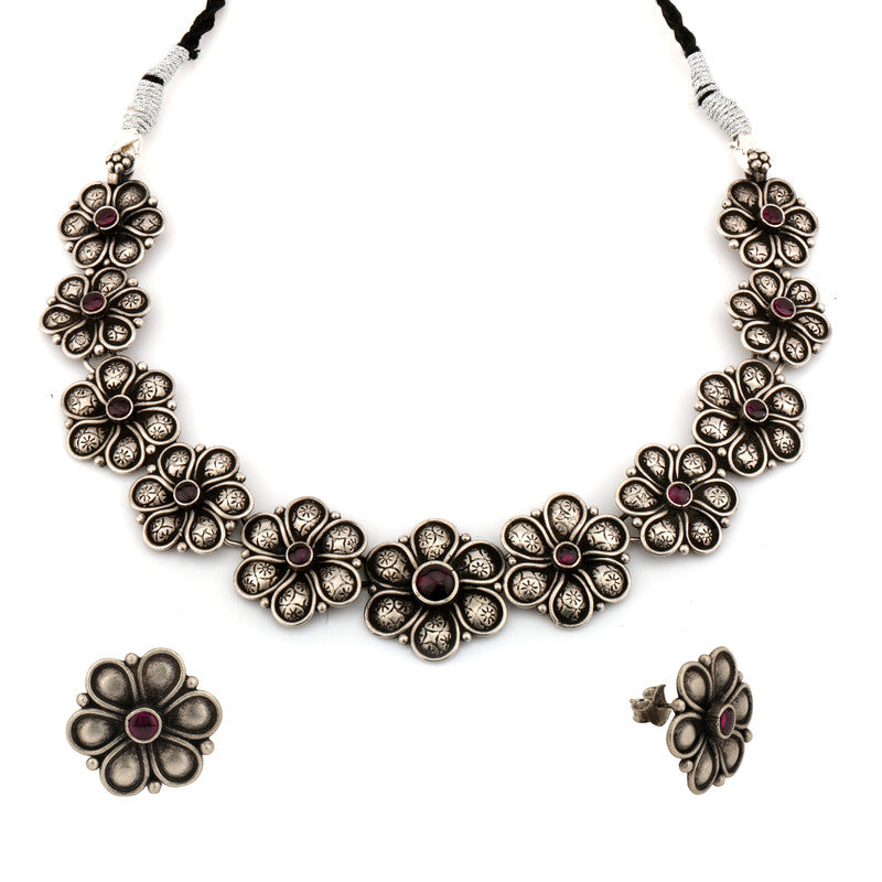 925 Oxidised Silver Classy Floral Structured Necklace