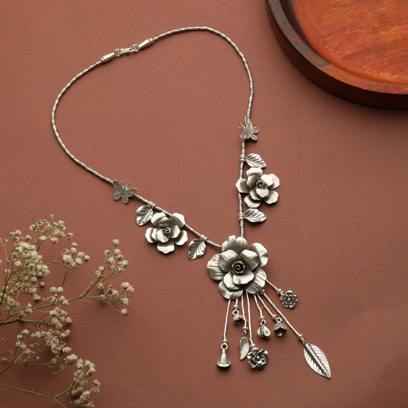 Rose & Butterfly Oxidized Silver Necklace