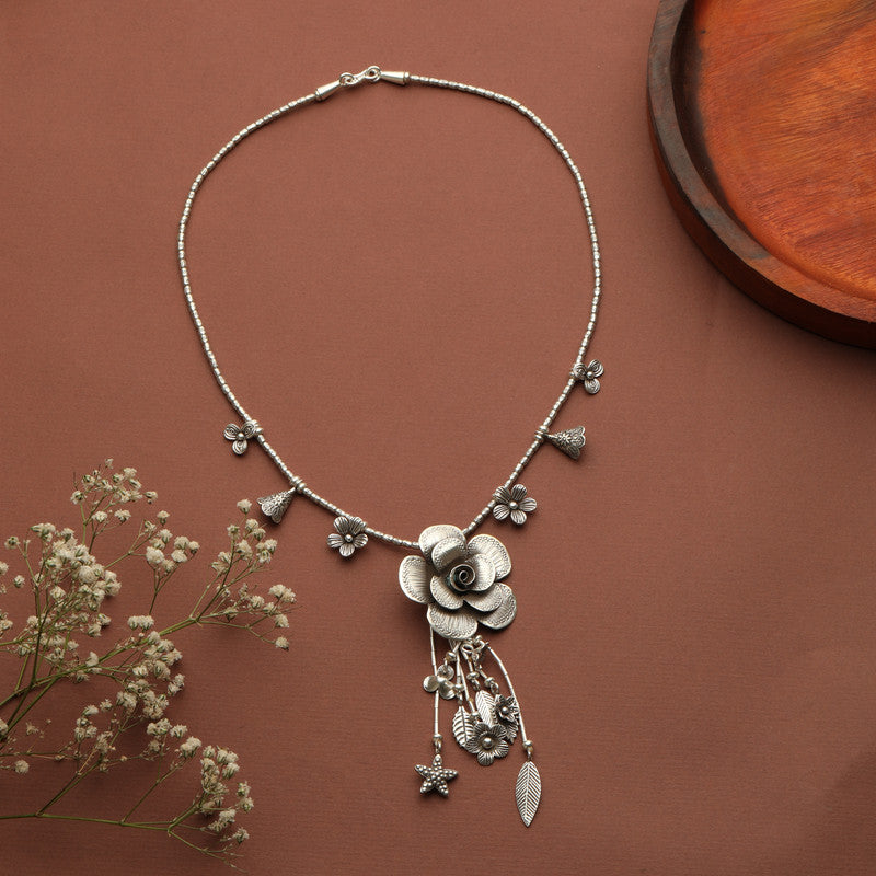 Oxidized Silver Rose & Bell Necklace