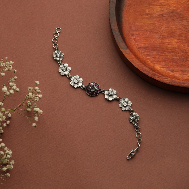 Antique Silver Pink Flower Bracelet