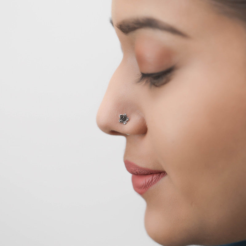 Model wearing 925 Oxidised Ethnic Nose Pin – elegant Navratri and wedding festive jewellery