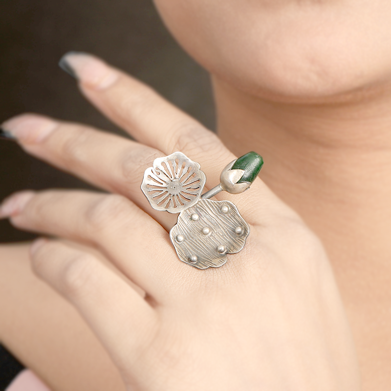 Festive Look with 925 Oxidised Flower Bud Adjustable Ring – Perfect Silver Jewellery for Karva Chauth & Diwali