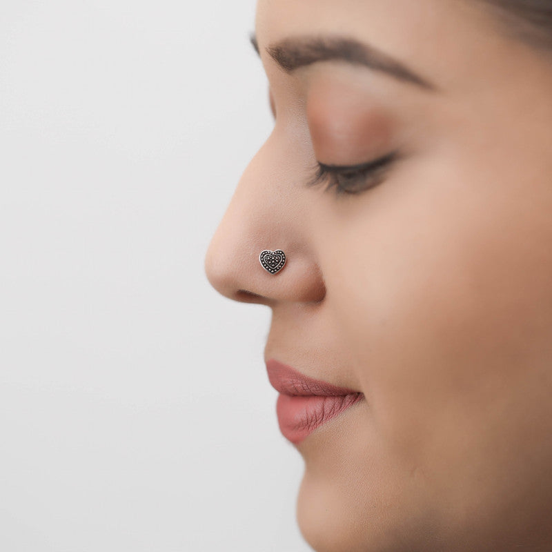 Model wearing 925 Oxidised Heart Nose Pin – trendy Navratri and wedding festive jewellery