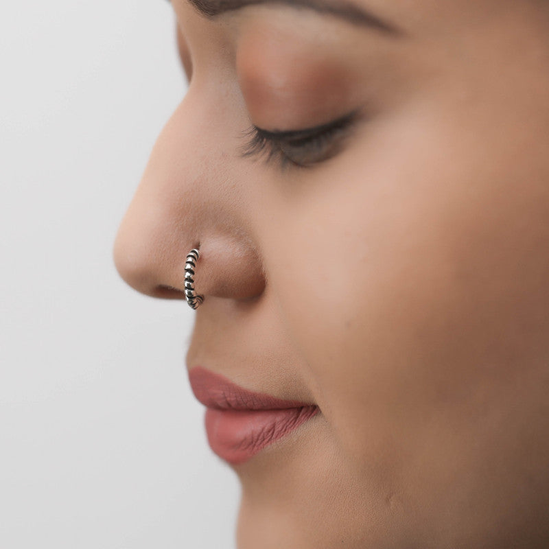 Model wearing 925 Oxidised Rasiya Nose Ring – elegant Navratri and wedding silver jewellery