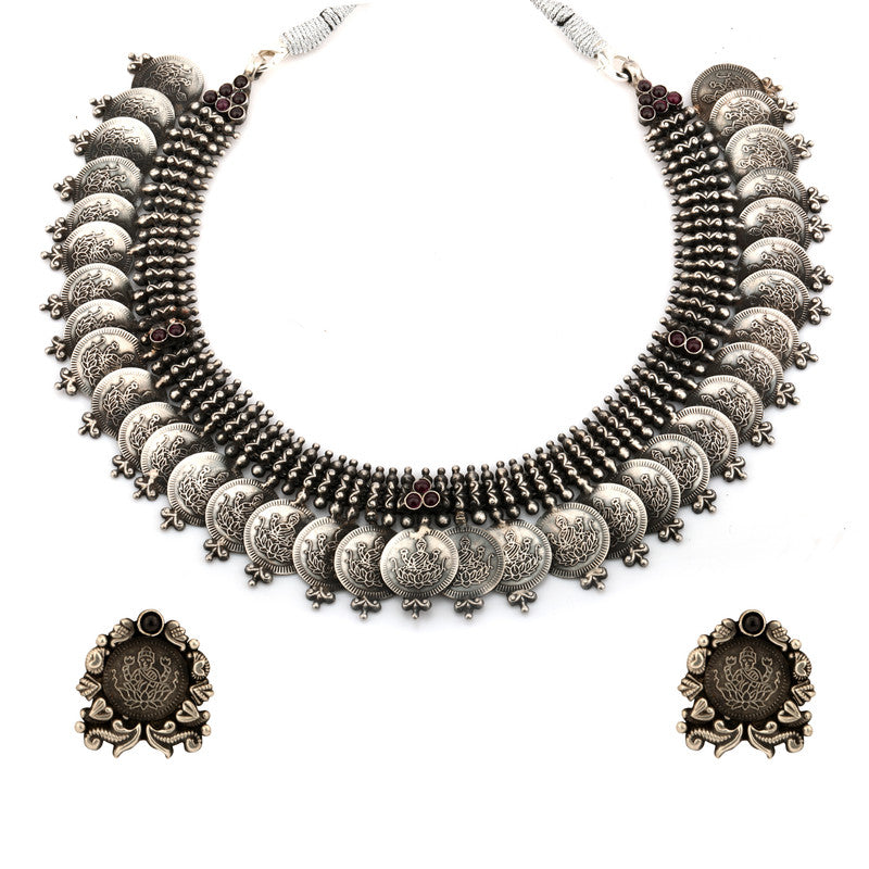925 Oxidised Silver Goddess Lakshmi Necklace on white background – auspicious Diwali jewellery gift
