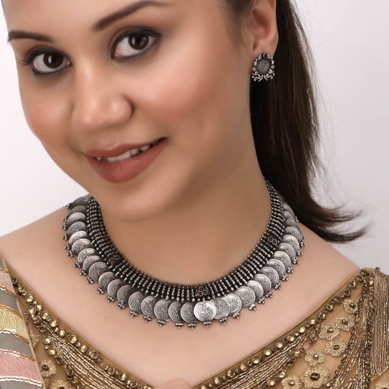 Model wearing 925 Oxidised Silver Goddess Lakshmi Necklace – festive Navratri and wedding jewellery style