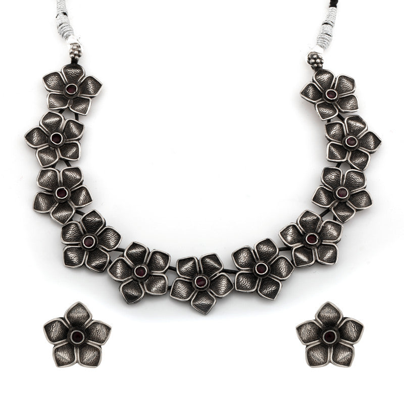 925 Oxidised Silver Petal Structured Necklace on white background – festive jewellery gift for Diwali