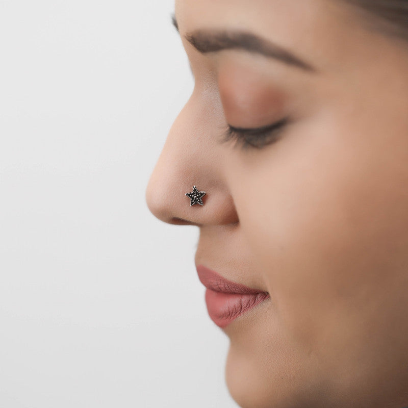 Model wearing 925 Oxidised Star Nose Pin – stylish Navratri and wedding jewellery look
