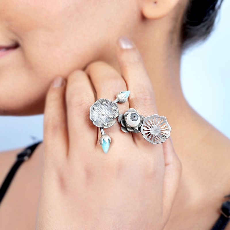 Festive Style with 925 Oxidised Silver Flower Bud Ring – Perfect Jewellery for Karva Chauth & Diwali