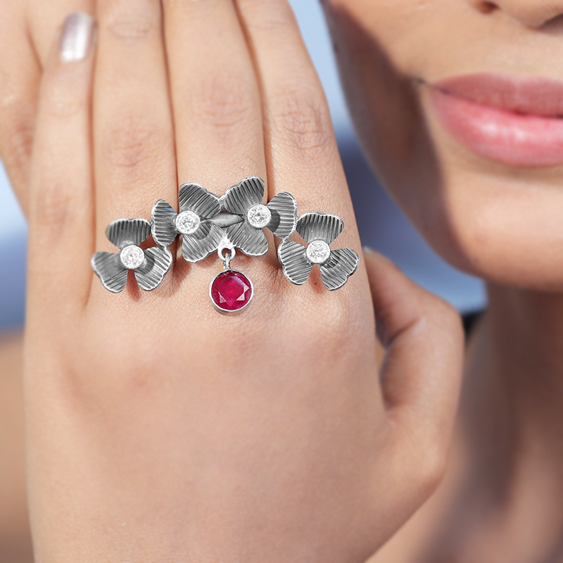 Woman wearing 925 Oxidised Unique Flower Design Ring for Karva Chauth and wedding style