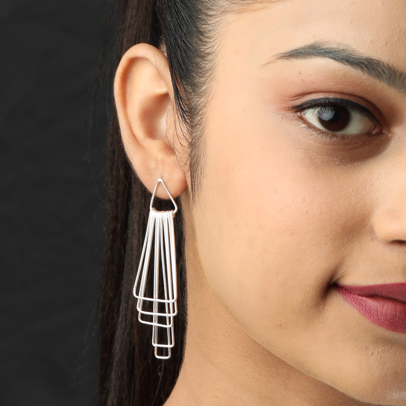 Model wearing 925 Silver Art Deco Earrings – graceful and lightweight sterling silver jewellery for women.