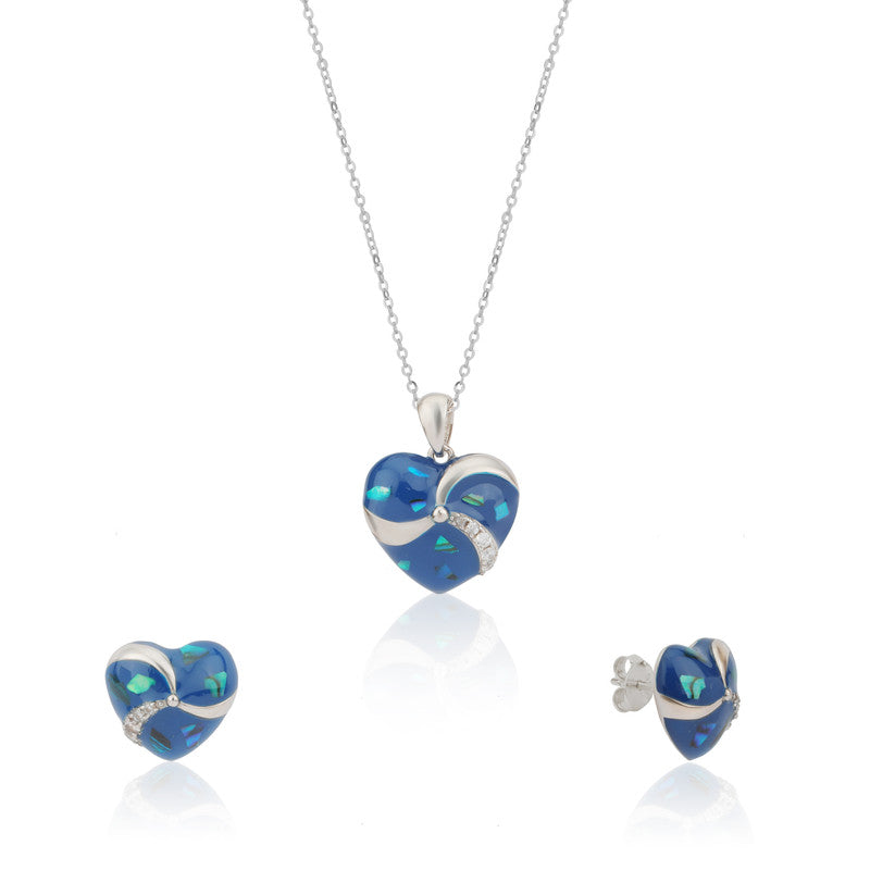 925 silver blue heart pendant and earrings photographed on plain white background