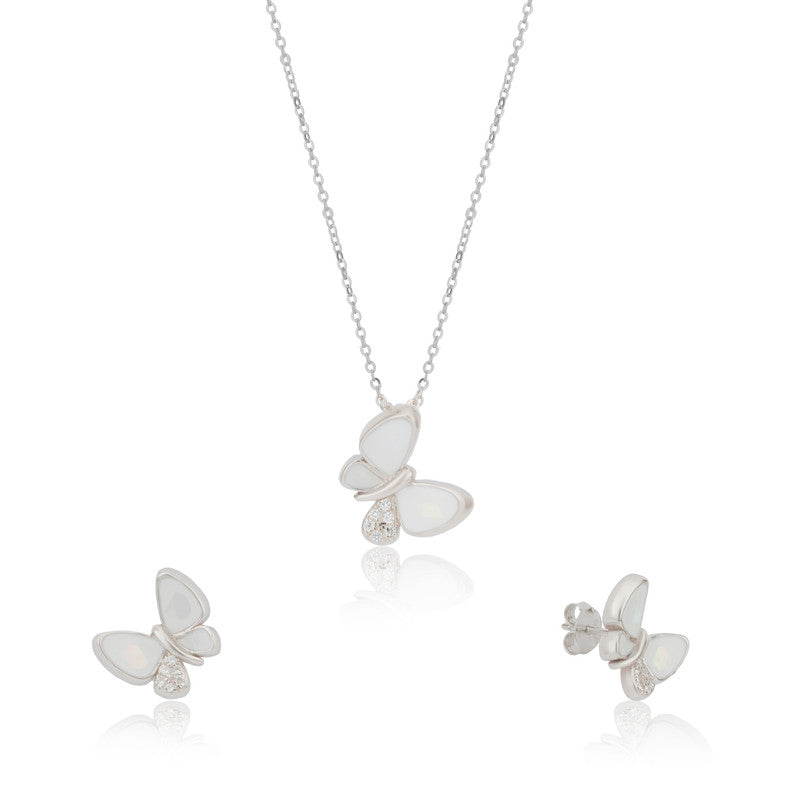 925 silver butterfly pendant and earrings photographed on plain white background
