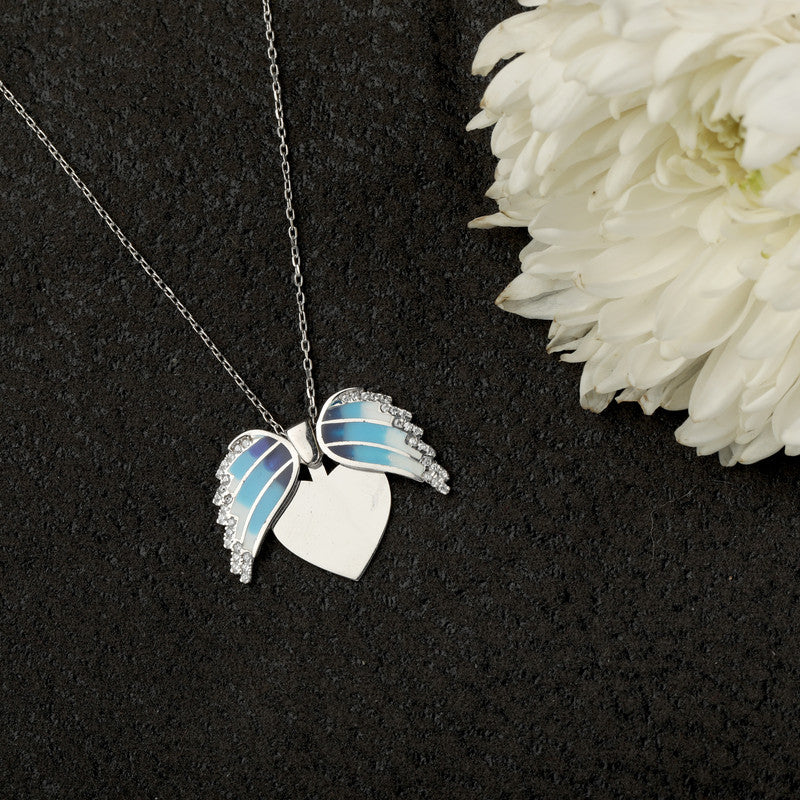 silver colorful winged heart pendant perfect for Karva Chauth and Valentine’s Day