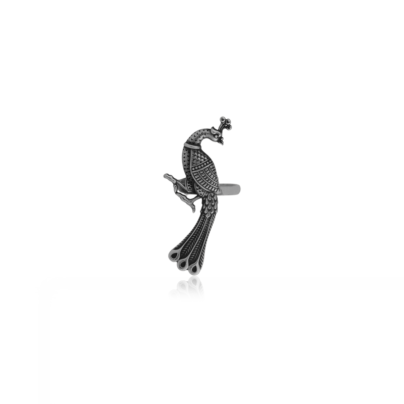 925 Silver Duo Peacock Ring with intricate twin peacock design, perfect for festive occasions and daily wear.