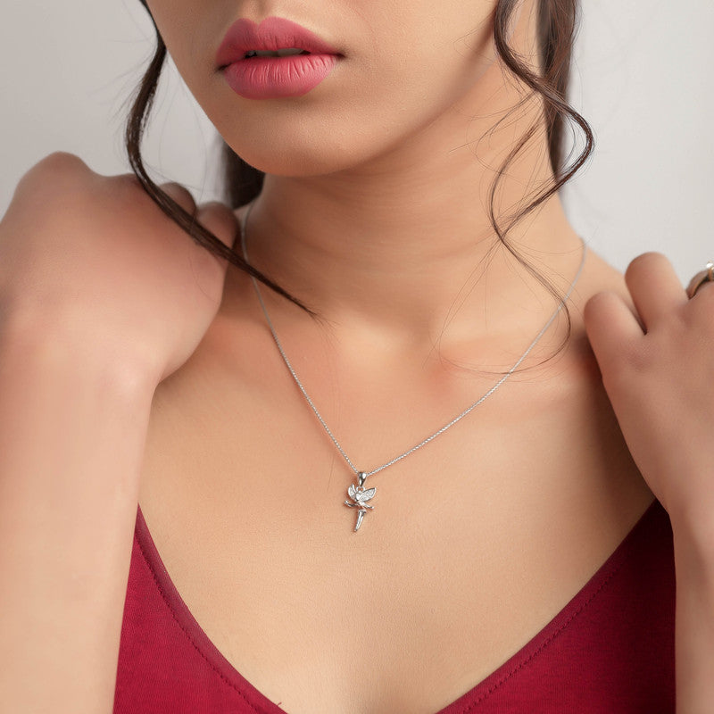Festive styling with 925 Silver Fairy Pendant – whimsical silver accessory adding charm to traditional and modern outfits.