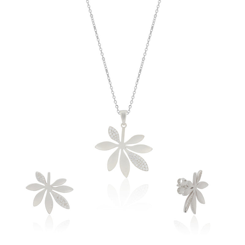 925 silver floral pendant and earrings photographed on plain white background