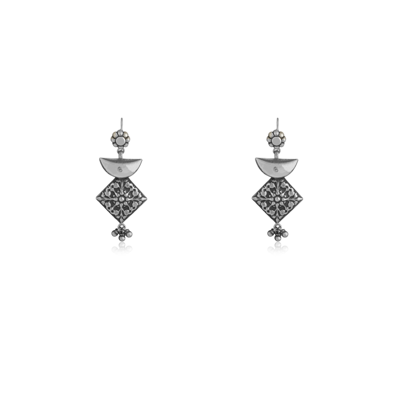 925 Silver Geometric Earrings with moon and square design, perfect for festive occasions and daily wear.
