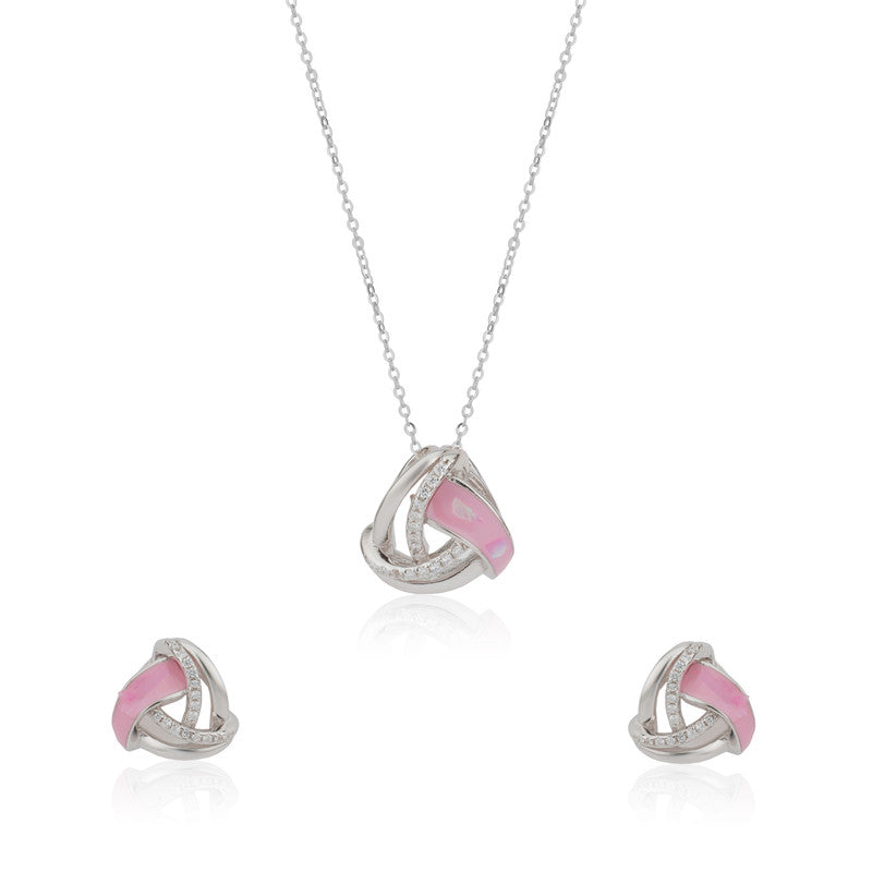 925 Silver Geometric Pendant and Earrings set on white background – elegant silver jewelry