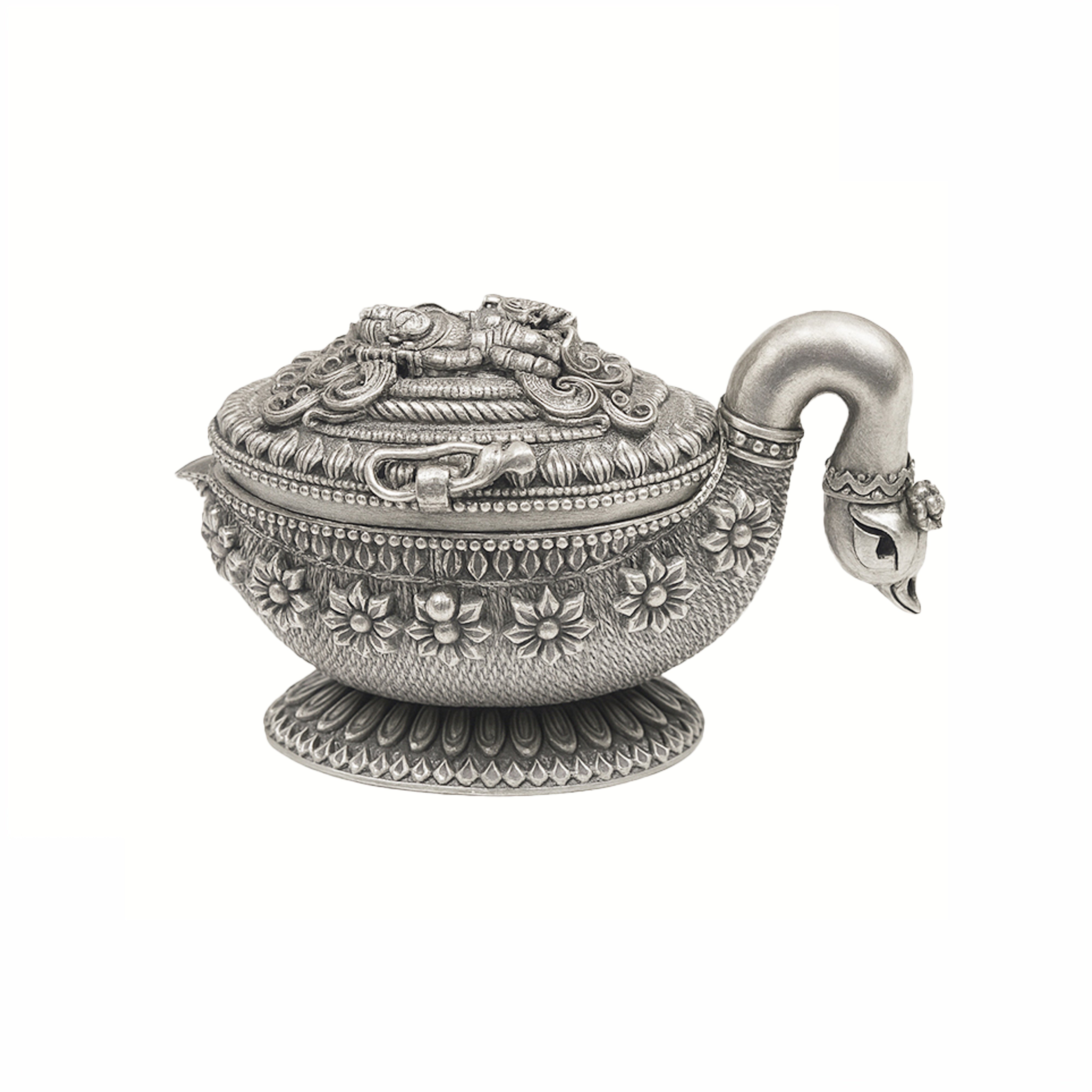 925 Silver Godess Lakshmi Engraved Swan Shape Sindoor Box
