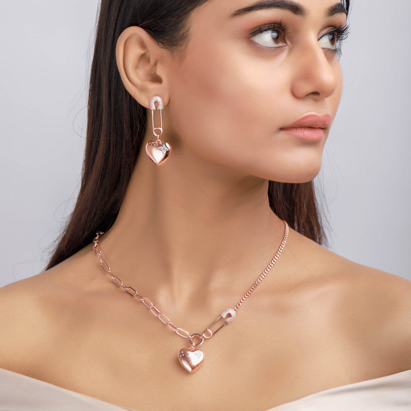 Model wearing Heart Rose Gold Necklace and Earrings – Navratri jewelry set for traditional charm