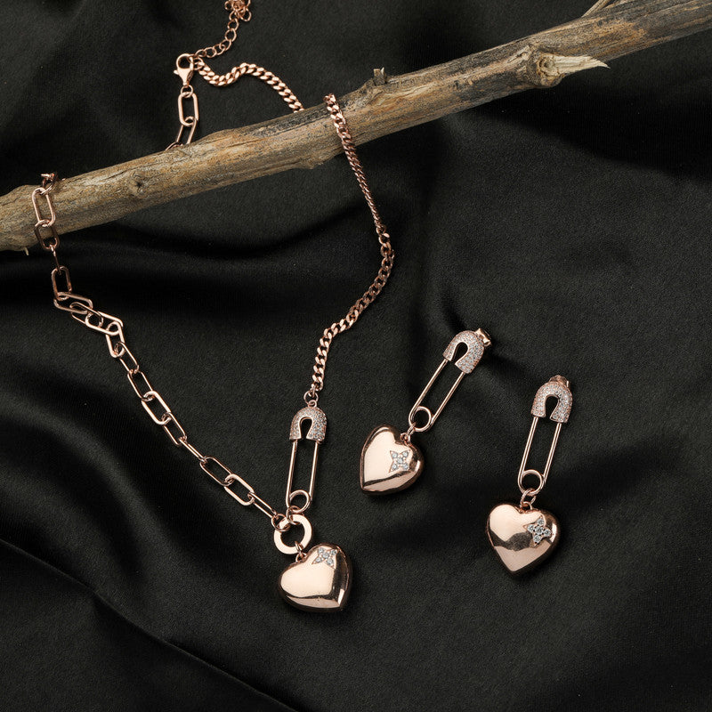 Close-up of Silver Heart Rose Gold Pendant and Earrings – Raksha Bandhan gift idea for sisters
