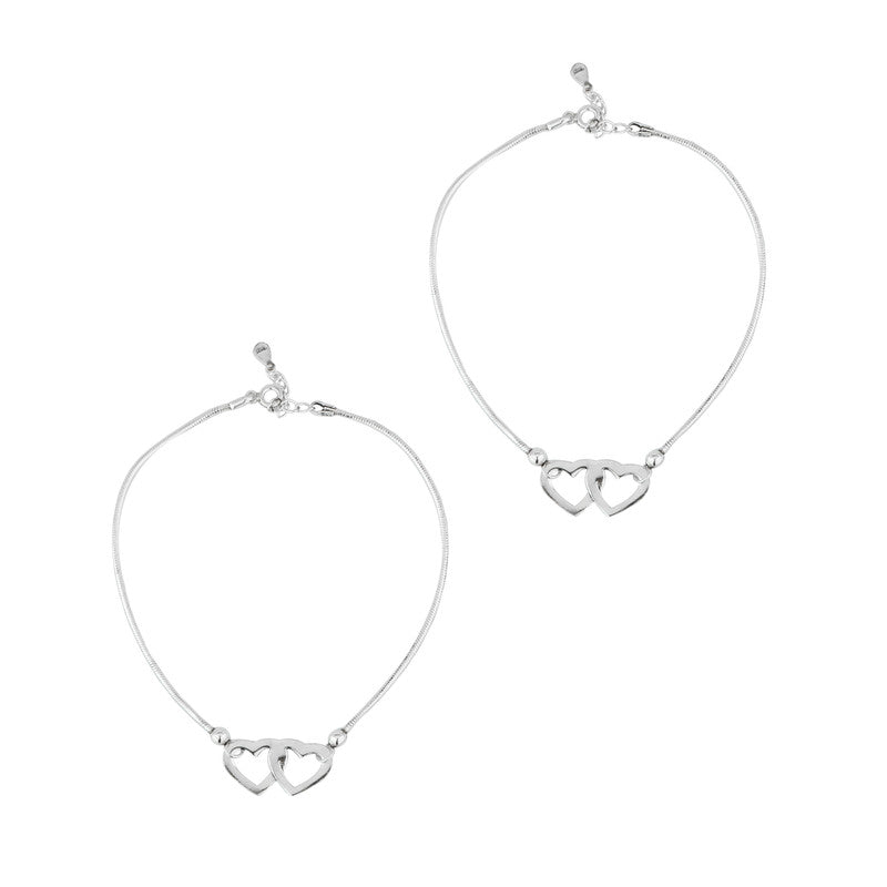 925 Silver Heart to Heart Anklet – Elegant festive jewelry for Diwali, Navratri, and gifting