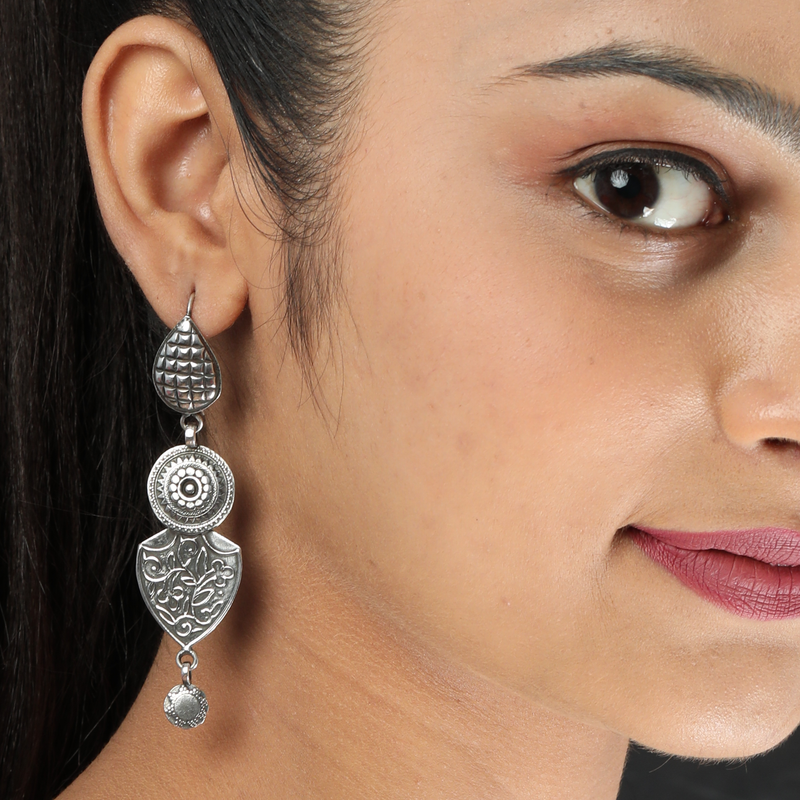 Model wearing 925 Silver Intricate Tribal Earrings – lightweight, stylish, and elegant sterling silver jewellery for women.