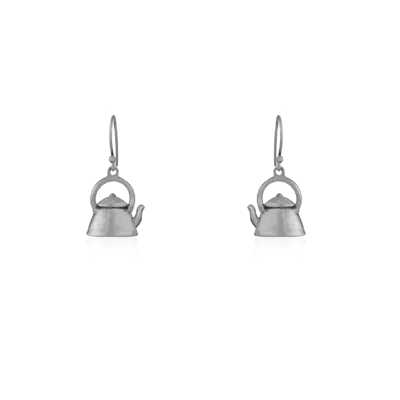 925 Silver Kettle Earrings – unique and playful design on plain background